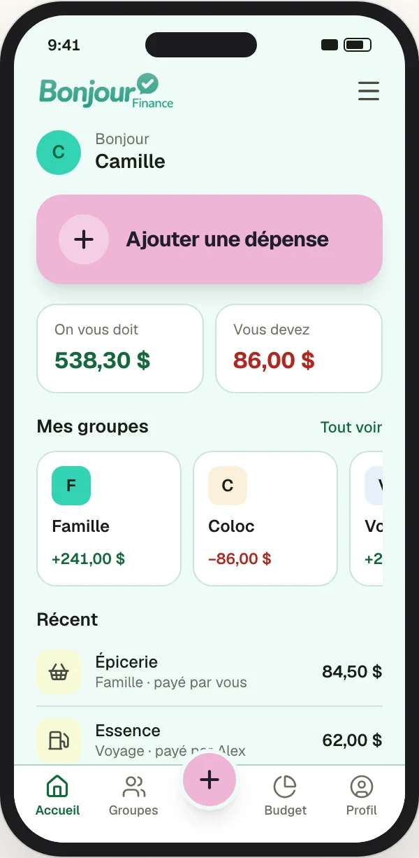 L'accueil de l'app avec le thème Lagon : fond turquoise et touches rose pâle.