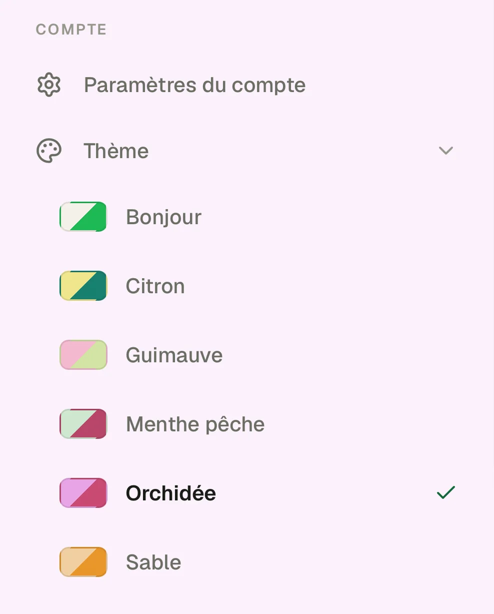 Le menu ☰ ouvert sur la liste « Thème » : chaque couleur a sa pastille et son nom, le thème actif est coché.