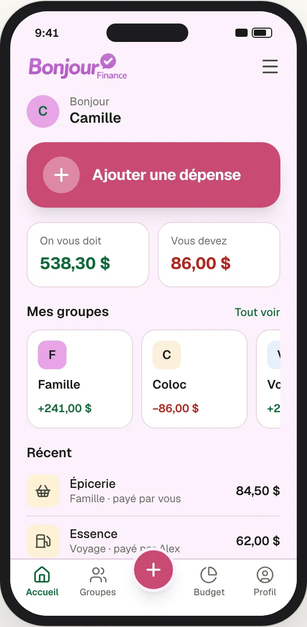 L'accueil de l'app avec le thème Orchidée : fond rose lilas et touches framboise.